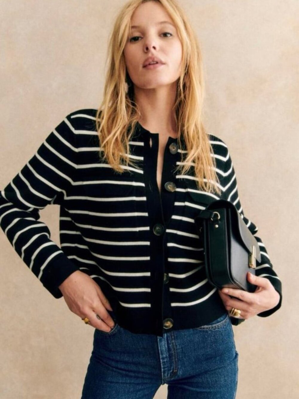 Like New Sezane Betty Merino Wool Striped Collared Cardigan Black Ecru XXL